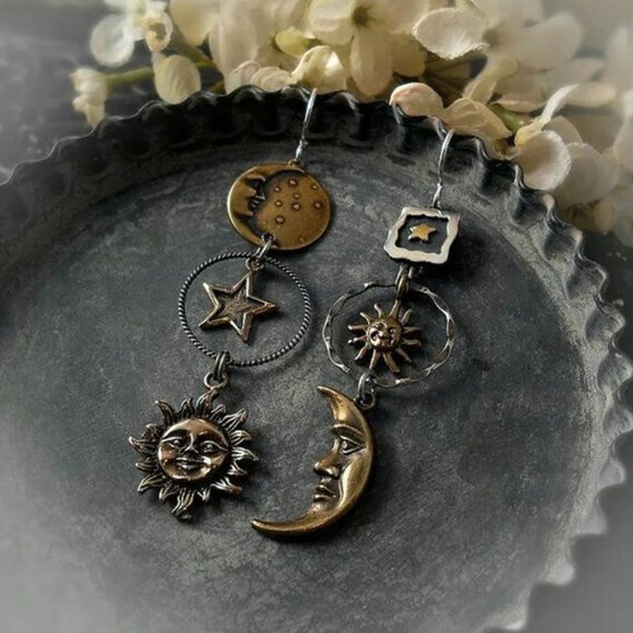 Celestial Sun Crescent Moon & Stars Silver & Gold Mixed Metals Dangle Earrings - Picture 4 of 4